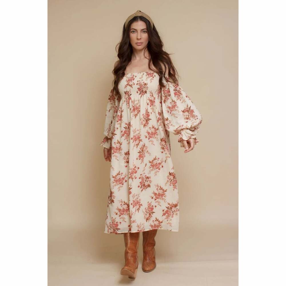 Olivaceous Rissa Midi Dress Floral Puff Sleeve